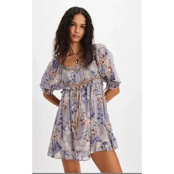 Free People Dresses & Skirts - Free People‎ Marney Mini Dress XS Gray Floral Velvet Trim Boho Romant